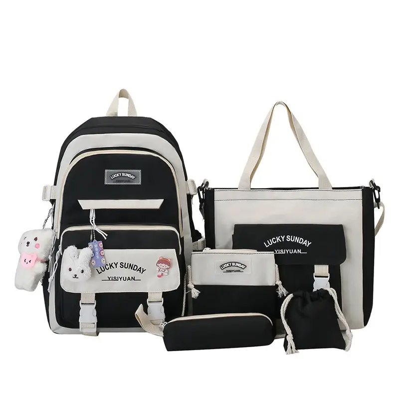 KBW552 Value Set 5-piece-set Shoulder Bag New Junior High School Student Schoolbag Canvas Print Cute Travel Backpack