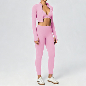 Wholesale Activewear Jogger <strong>Leggings</strong> <strong>3</strong> Pcs Gym Fitness Sportswear Yoga Zipper Jacket Sports Bra Yoga Set for <strong>Women</strong> - Product Image 4