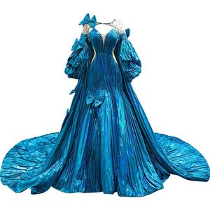 Luxe Afneembare Cape Lange Pofmouwen Blauwe Steentjes Kralen Avondjurk - Product Image 5