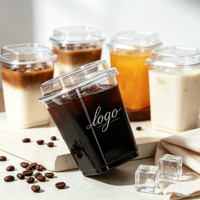 Gobelets à café rectangulaires en plastique, nouveau design, qualité alimentaire, personnalisables, gobelets carrés en PET jetables, gobelets à emporter avec couvercles