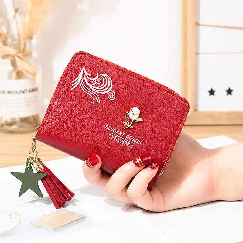 Rose hardware wallet-Mini bolso de mano con cremallera corta para mujer, cartera con botones, estilo japonés y coreano