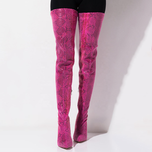 New Style Snakeskin Print Mesh Thin Heel Women Over Knee High Boots Side Half-zip <b>Pointed</b> Toe Thigh High Booties Big Size 45 - Product Image 2