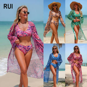 RUIQUWIN 2026 Conjunto de Bikini de 3 Piezas para Mujer, Verano, Estampado Floral, Secado Rápido, Protección Solar, Mangas Largas, Sujetador Push-Up, Ropa de Playa Ecológica - Product Image 1