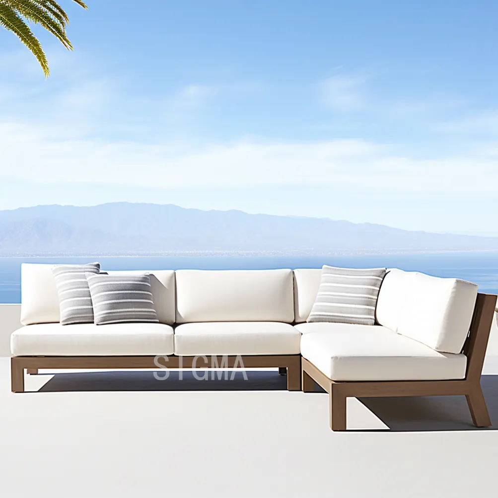 Sofá Seccional de teca de lujo moderno 2024 para exteriores, juego de muebles de sofá de jardín, sofá de madera de teca para patio de alta gama para todo tipo de clima
