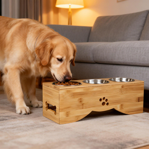 Kind Bamboo & Melamine <b>Dog</b> Cat Food <b>Table</b> Raised Feeder Bowl Set Portable Modern Style - Product Image 1