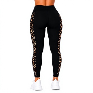 Leggings extensibles noirs taille haute pour femmes avec détails en maille découpée sur le côté – Pantalon de sport tendance pleine longueur - Product Image 3