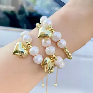 Único handmade Fresh Water Pearl com ouro Beads Pulseira coração oco liso pendente brilhante ajustável festa jóias para as mulheres