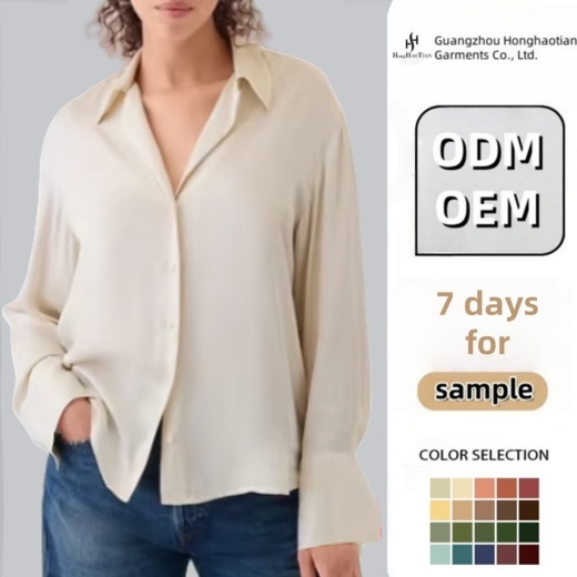 Women's Elegant Loose Long Sleeve Blouse Custom Wholesale Made of Silk Satin Woven for Summer Winter Use Front Logo Placement