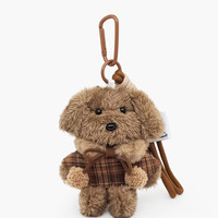 Breloque de sac en peluche chiot poncho à carreaux rouges esthétique, chien beige Kawaii avec nœud papillon, décoration de sac à dos pour filles