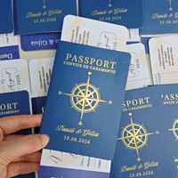 Invitation de mariage passeport européen, carte en papier estampée à chaud bleu et or, personnalisable, à imprimer, type carte d'embarquement, pour souvenir