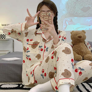 Chemises de nuit pour femmes <span class=keywords><strong>en</strong></span> coton à bulles à imprimé intégral de style coré<span class=keywords><strong>en</strong></span>, nouvelle collection automne, petites cerises, manches longues, pantalon long, col rabattu, vêtements de maison mignons - Product Image 2