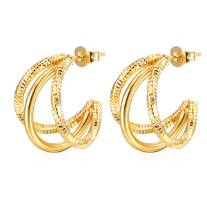 Boucles d'oreilles créoles doubles en or 14 carats au design simple pour femmes, clous géométriques délicats, bijoux <span class=keywords><strong>de</strong></span> mode, <span class=keywords><strong>cadeau</strong></span> - Product Image 2