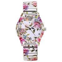 Ensemble de 6 montres-bracelets à quartz pour femmes, imprimées de fleurs, avec bracelet élastique décontracté et cadran arabe (sans boîte)