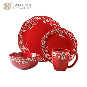 Red Flower Rim Design 16 Pcs Christmas Dinnerware Set for 4 Person Hote Sale Porcelain Plate Set <strong>Dinnware</strong> Ceramic Dish Plate Set - Product Image 1