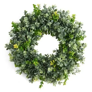 20 inches artificial green leaves boxwood wreath with square tobacco basket for front door year round green fall wreath