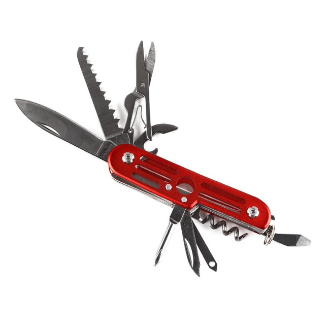 11 in 1 Multi Tool Pocket Knife Red Aluminum Handle Stainless Steel Blade with Scissors Saw Screwdriver EDC Outdoor Camping