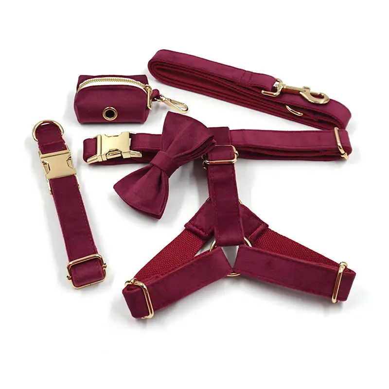 New arrive wine red velvet dog collar set dark red velvet adjustable comfortable Pet collars DOG COLLARS wholesale