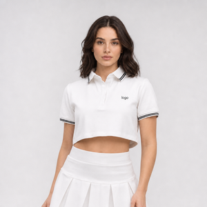 Custom Logo <b>Women</b> White T-<b>shirts</b> Contrast Trim Cropped Tennis Golf <b>Polo</b> <b>Shirt</b> Custom - Product Image 1