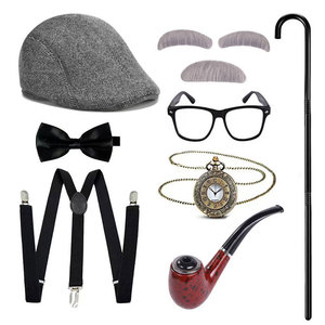 Costume de grand-père pour enfant pour le 100e jour <span class=keywords><strong>d</strong></span>'école, accessoires de cosplay comprenant un béret, des bretelles, un nœud papillon, une barbe, un costume de gangster - Product Image 3