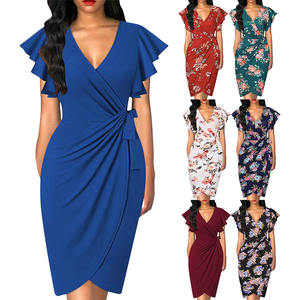 <span class=keywords><strong>Robe</strong></span> moulante élégante pour femme à col en V et manches à volants, couleur unie ou imprimé floral, coupe ajustée, longueur midi, idéale pour les fêtes, le bureau ou le quotidien - Product Image 6