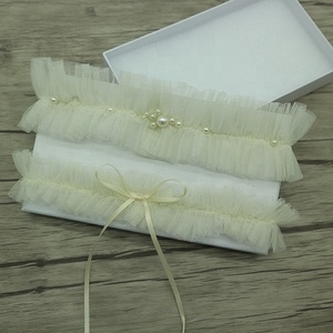 Ensemble de jarretière de mariée en tulle fait à la main avec embellissement de perles porte-jarretelles de mariage en gros - Product Image 6
