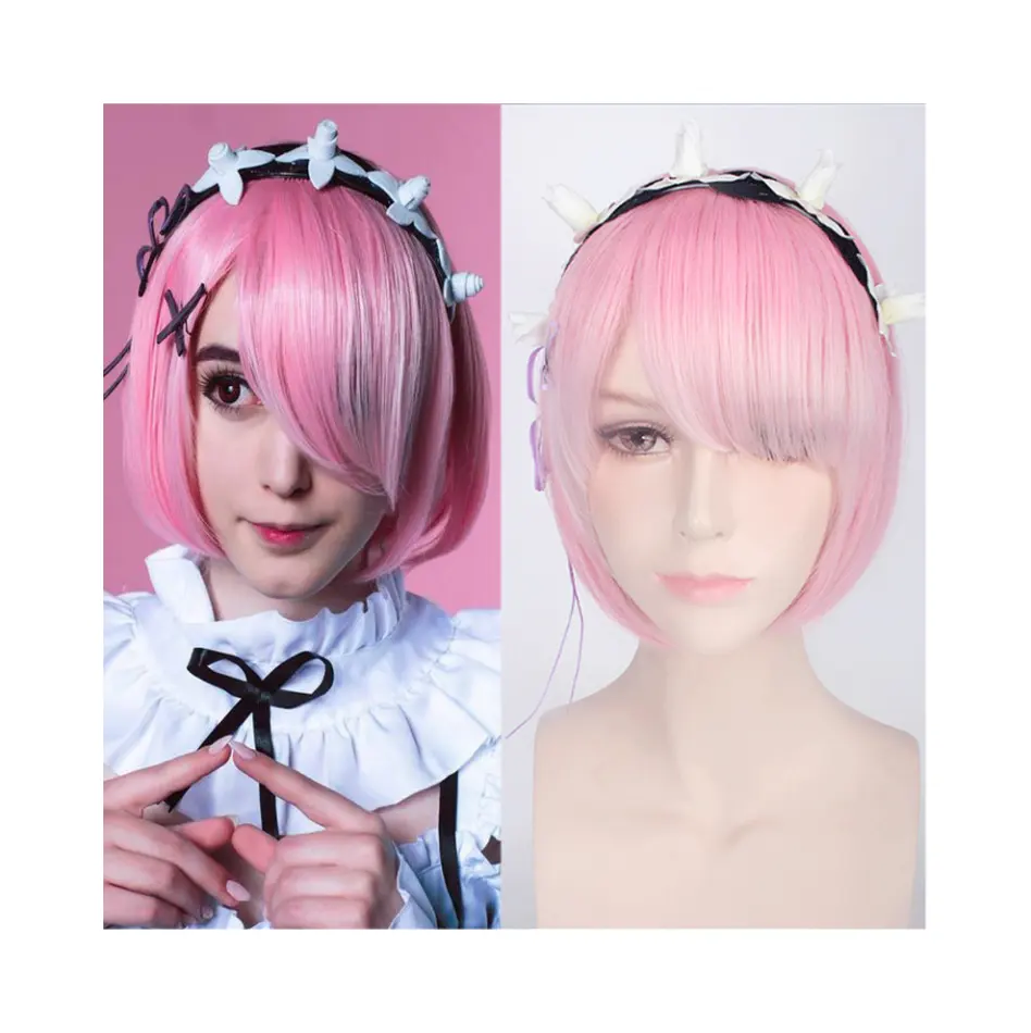 Gran oferta de extensiones de cabello sintético recto corto de Color rosa, pelucas con diadema estilo Bob para fiestas de disfraces y Cosplay