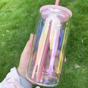 แก้วน้ำทรงกระบอกเคลือบสีรุ้งวิบวับ ขนาด 16 ออนซ์ สำหรับงานซับลิเมชั่น จากคลังสินค้าสหรัฐอเมริกา เหมาะสำหรับใส่ขนม ลูกกวาด น้ำอัดลม เบียร์  มีสีสันสดใสแบบโฮโลแกรม - Product Image 5
