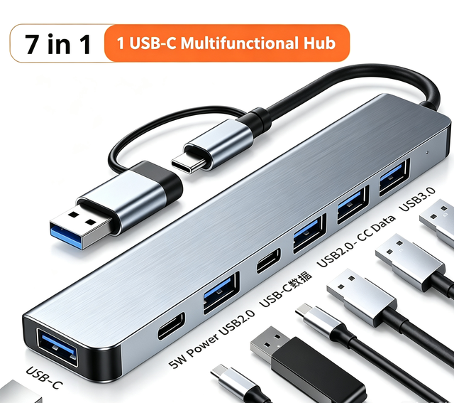 7 Port USB Hub Type C USB a Dual Interface Aluminum Alloy Docking Station for Laptop PC