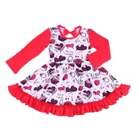 वैलेंटाइन्स दिवस बच्चे लड़की पार्टी दिलाना आधुनिक लड़की पोशाक लाल दिल मुद्रित राजकुमारी पोशाक के साथ धनुष डिजाइन दूध रेशम twirl पोशाक