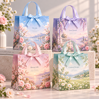 Sac en papier cadeau personnalisé avec poignée en ruban, motif floral bleu pastel, plusieurs tailles, impression personnalisée, emballage de marque
