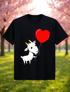 T-Shirt Unisex per San Valentino con Cuore di Capra e Palloncino, Vestibilità Casual, Collo Tondo, Manica Corta, 100% Cotone Jersey, Design Stampato con Cartone Animato - Product Image 2