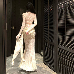 Ensemble deux pièces pour femmes, dentelle vintage française, imprimé ombré brodé, jupe sirène, <span class=keywords><strong>tenue</strong></span> <span class=keywords><strong>de</strong></span> fête <span class=keywords><strong>de</strong></span> Noël - Product Image 4