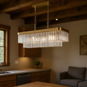 Lustre rectangulaire moderne en cristal, finition dorée, ampoule E12, suspension réglable pour salon, cuisine, luminaire de plafond - Product Image 2