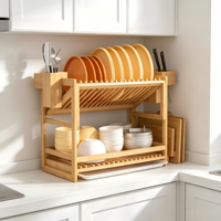 Étagère de rangement de cuisine à 2 niveaux en bambou grande capacité, gain de place, avec égouttoir et porte-fourchettes