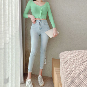 Cárdigan de punto fino y ajustado con cuello en V y volantes estilo coreano, manga larga, verde, para mujer, venta al por mayor de fábrica - Product Image 5