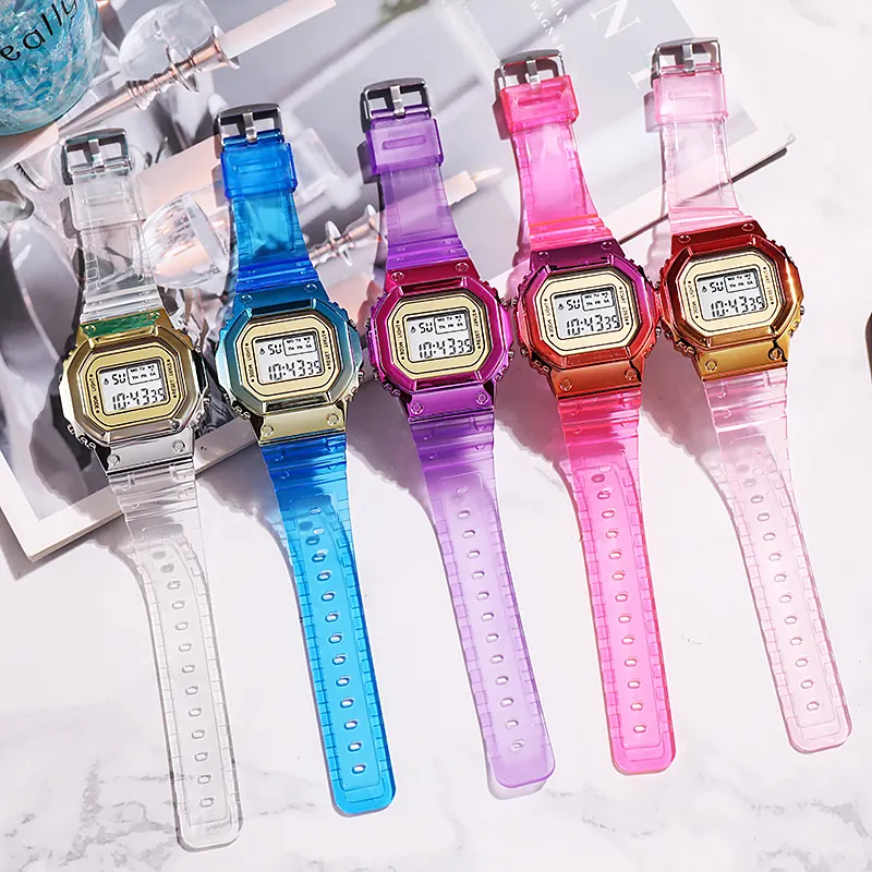G Style Fashion Square sports waterproof outdoor luminous men's and women's digital watch transparent gradient rainbow color