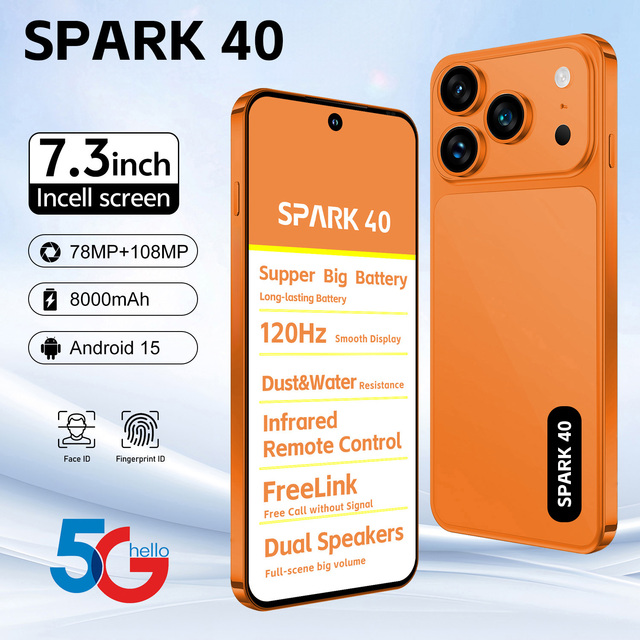 High Quality SPARK 40 5G Smartphone 7.3" 8000mAh 78MP+108MP 120Hz Unlocked Phone