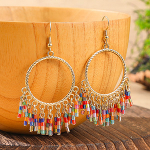 Bohemian Tassel Hoop Earrings Alloy Antique Bronze Plated <b>Colorful</b> <b>Beads</b> Women's Party Fashion Dangle Jewelry - Product Image 4