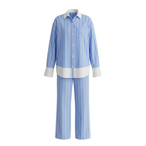 Ensemble de vêtements de nuit rayés pour femmes, bleu et blanc, pyjama à manches longues, deux pièces, viscose popeline, vêtements de maison printemps-automne - Product Image 5