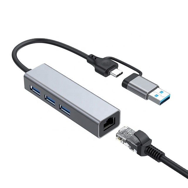Factory Wholesale 2 in 1 USB3.0/USB C to USB3.0+ Ethernet Adapter RJ45 to USB C/Type-C Gigabit Network Card USB Hub