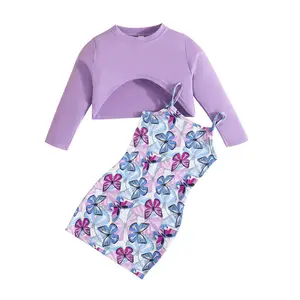 Setelan pakaian balita 2024 mode Online atasan lengan panjang anak-anak Gaun selip kupu-kupu butik 2 potong pakaian baju anak perempuan
