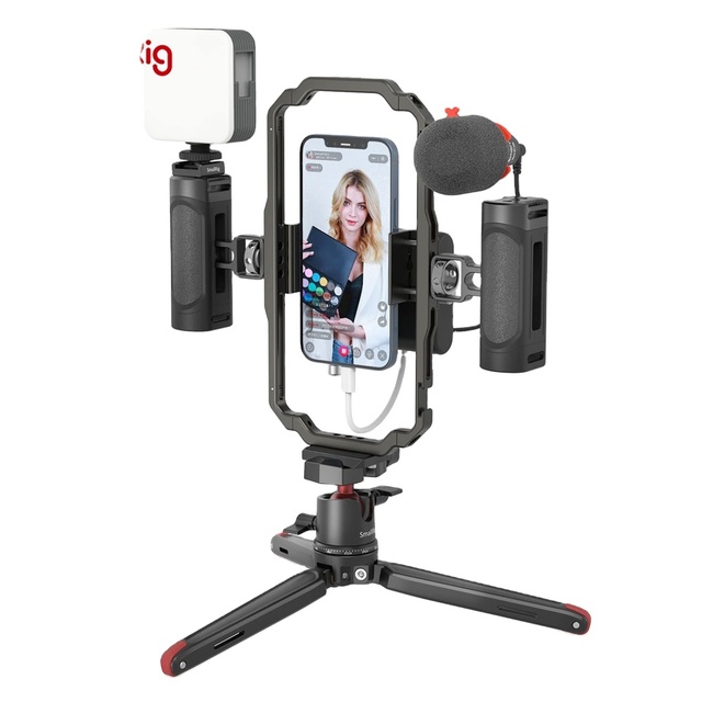 SmallRig Universal Phone Vlog Tripod Video Rig kit for IPhone 13 12 Case Cage with 2 Handle Remote Control Microphone LED Light