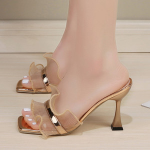 Sandalias de tacón alto con encaje y malla para mujer, modelo 2024, tacón fino, punta cuadrada, sandalias abiertas - Product Image 4