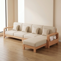 Canapé en bois massif de style nordique personnalisé en forme de L avec coussins en tissu beige, ensemble de canapés sectionnels modernes pour salon