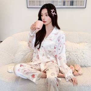 New Cute <b>Lace</b> Trim <b>Elastic</b> Waist Long Sleeve Pajama Set Soft Breathable Cartoon Print Lounge Wear Spring - Product Image 2