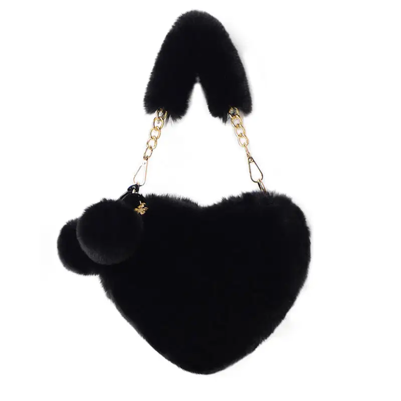 Borse a forma di cuore da donna alla moda graziose borse a tracolla in pelliccia sintetica Kawaii portafoglio con catena di peluche borsa a tracolla da donna