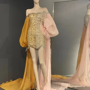 皇后礼服服装连衣裙水钻华丽迷你连衣裙粉色和黄色灯笼袖时装秀连衣裙特殊设计