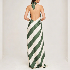 Ready To Ship Satin Halter <b>Maxi</b> Dress Women Green <b>White</b> Stripe Knot Neck Sleeveless Loose Long Dress Summer Beach Elegant Ladies - Product Image 2