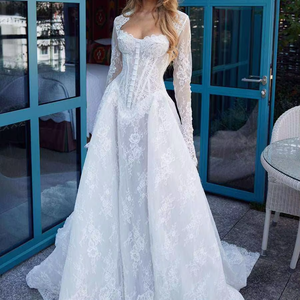 LY-WD1046 Abiti da Sposa Linea A con Vita Basca, Abiti in Pizzo per <span class=keywords><strong>Spose</strong></span>, Corsetto con Maniche Lunghe, Ultimo Design Bianco - Product Image 1