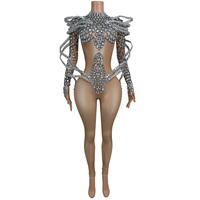 Combinaison sexy pour femme, style extraterrestre futuriste, ornée de strass, à manches longues, en spandex moulant, pour spectacle de club et scène
